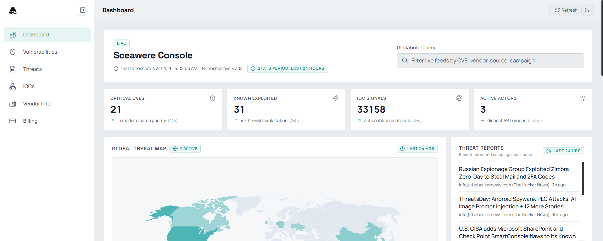 Sceawere dashboard showing vulnerability metrics, active threat intelligence, and the global threat map
